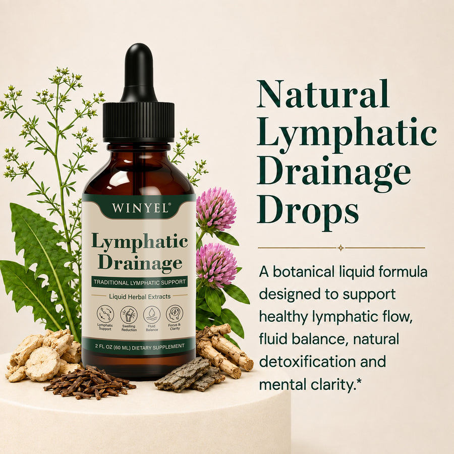 WINYEL Lymphatic Drainage Drops bottle surrounded by botanical ingredients.