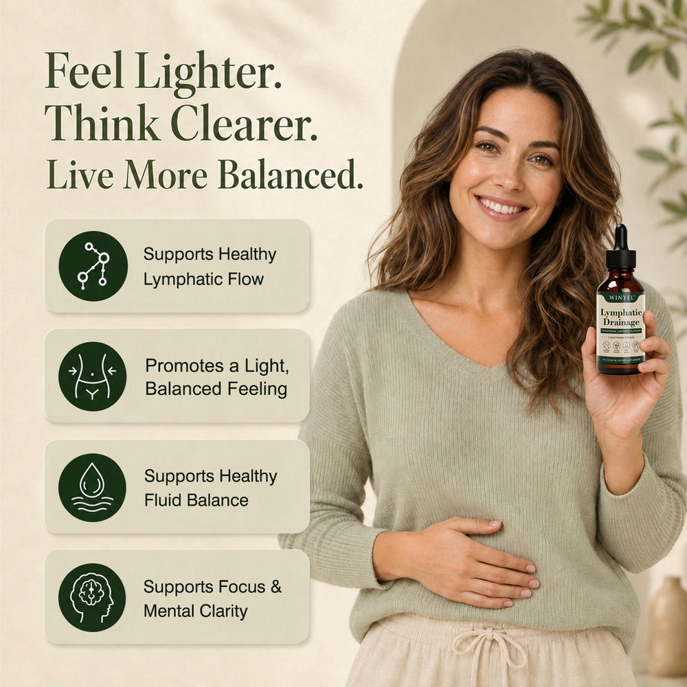 Smiling woman holding WINYEL Lymphatic Support Drops with wellness benefits list.