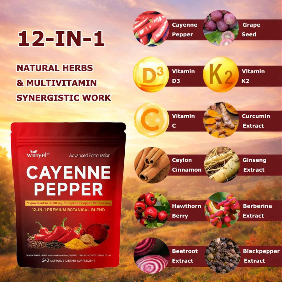 WINYEL Cayenne Pepper 12-in-1 botanical softgels bottle with natural herb ingredients.