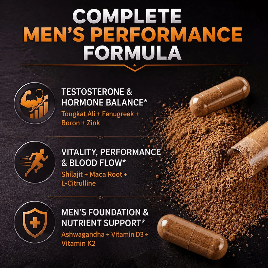 WINYEL Men's Vitality Support supplement formula with powder and capsules.