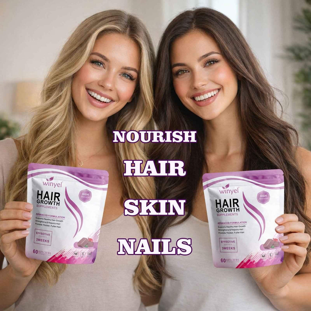 Two smiling women holding WINYEL Hair Growth Supplements gummy pouches for hair, skin, and nails.