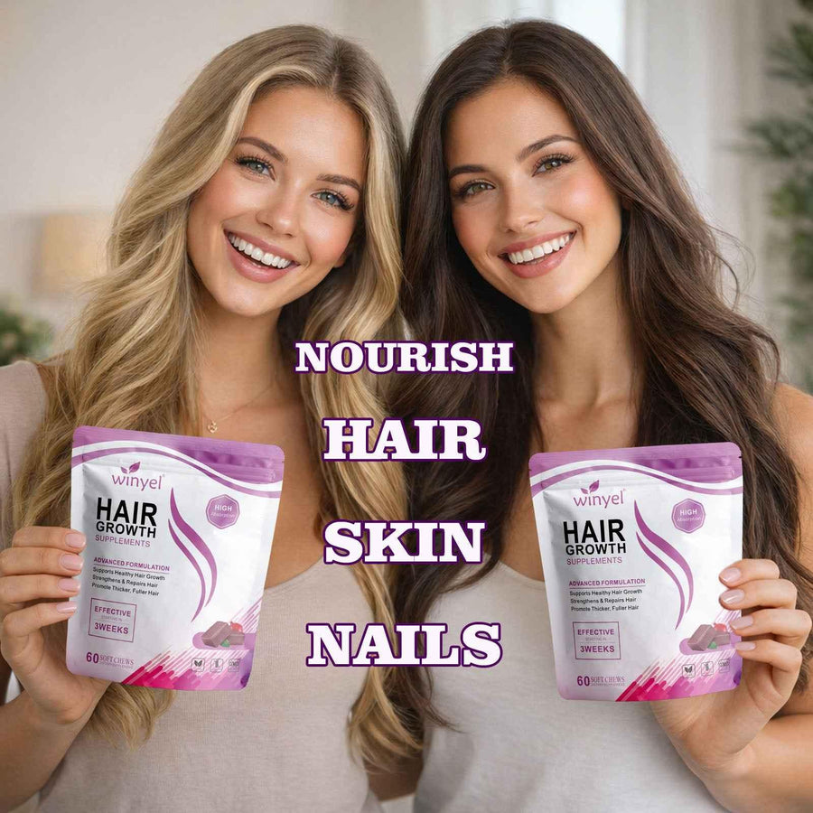 Two smiling women holding WINYEL Hair Growth Supplements gummy pouches for hair, skin, and nails.