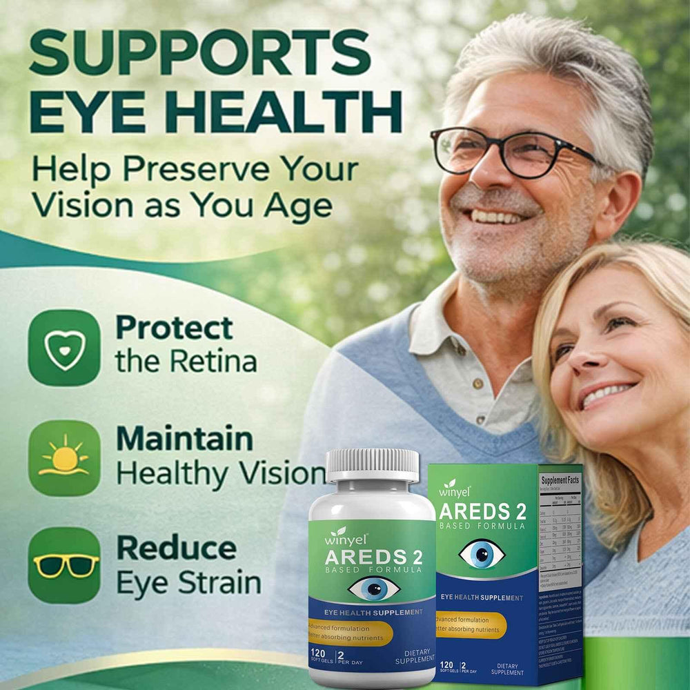 WINYEL AREDS 2 eye health supplement bottle with an elderly couple smiling in the background.