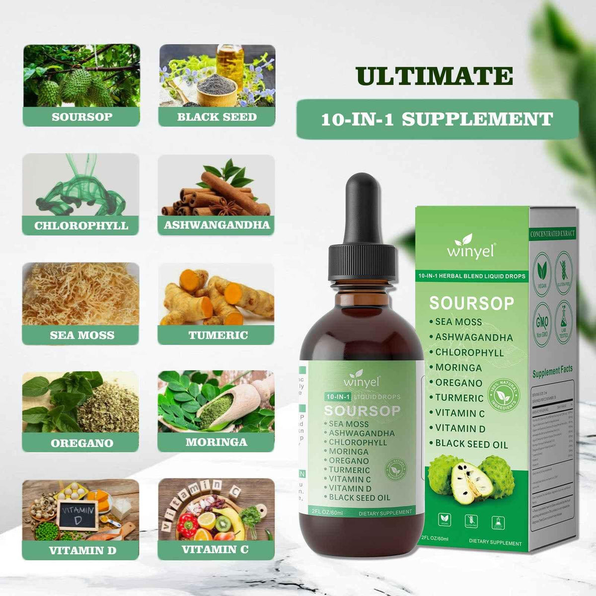 WINYEL Soursop 10-in-1 herbal liquid drops with sea moss, ashwagandha, and moringa.