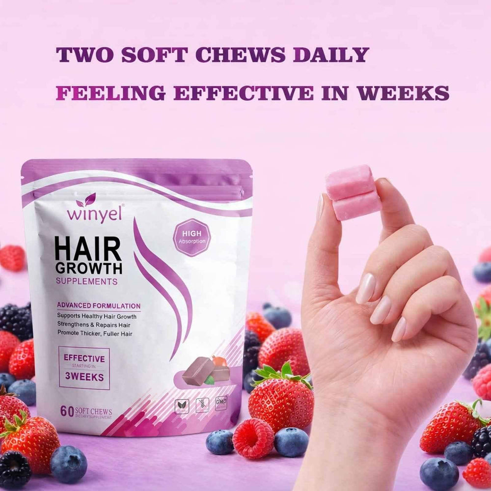 WINYEL hair growth supplement gummy chews with mixed berries on a pink background.