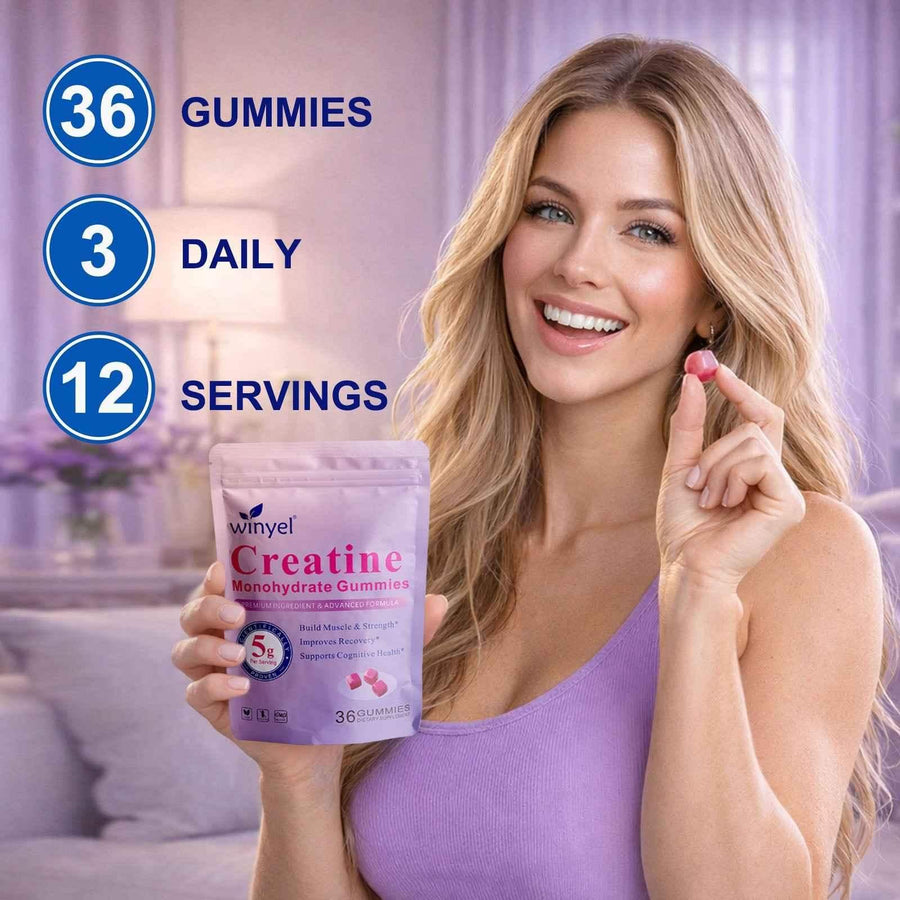 Smiling woman holding a WINYEL Creatine Monohydrate gummy with a 36 count berry flavor bottle.