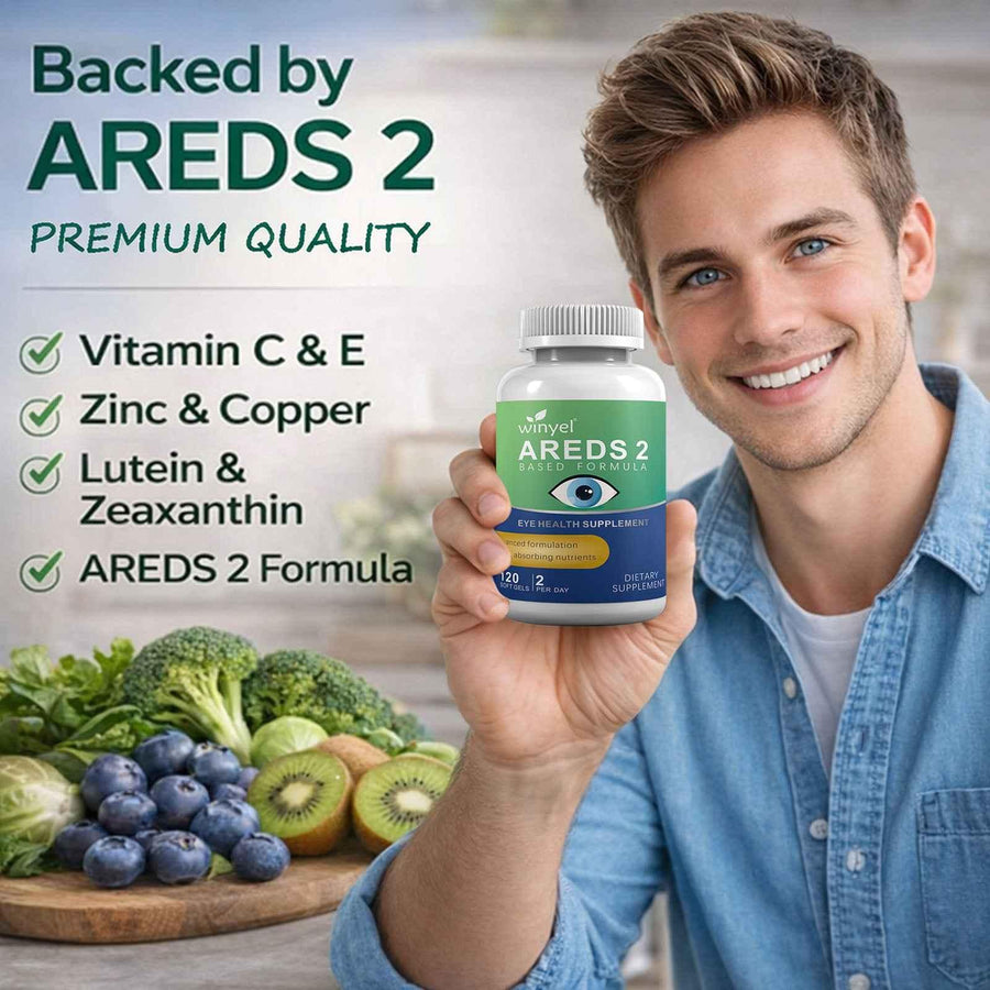 A smiling man holding WINYEL AREDS 2 eye health supplement next to fresh fruits and vegetables.
