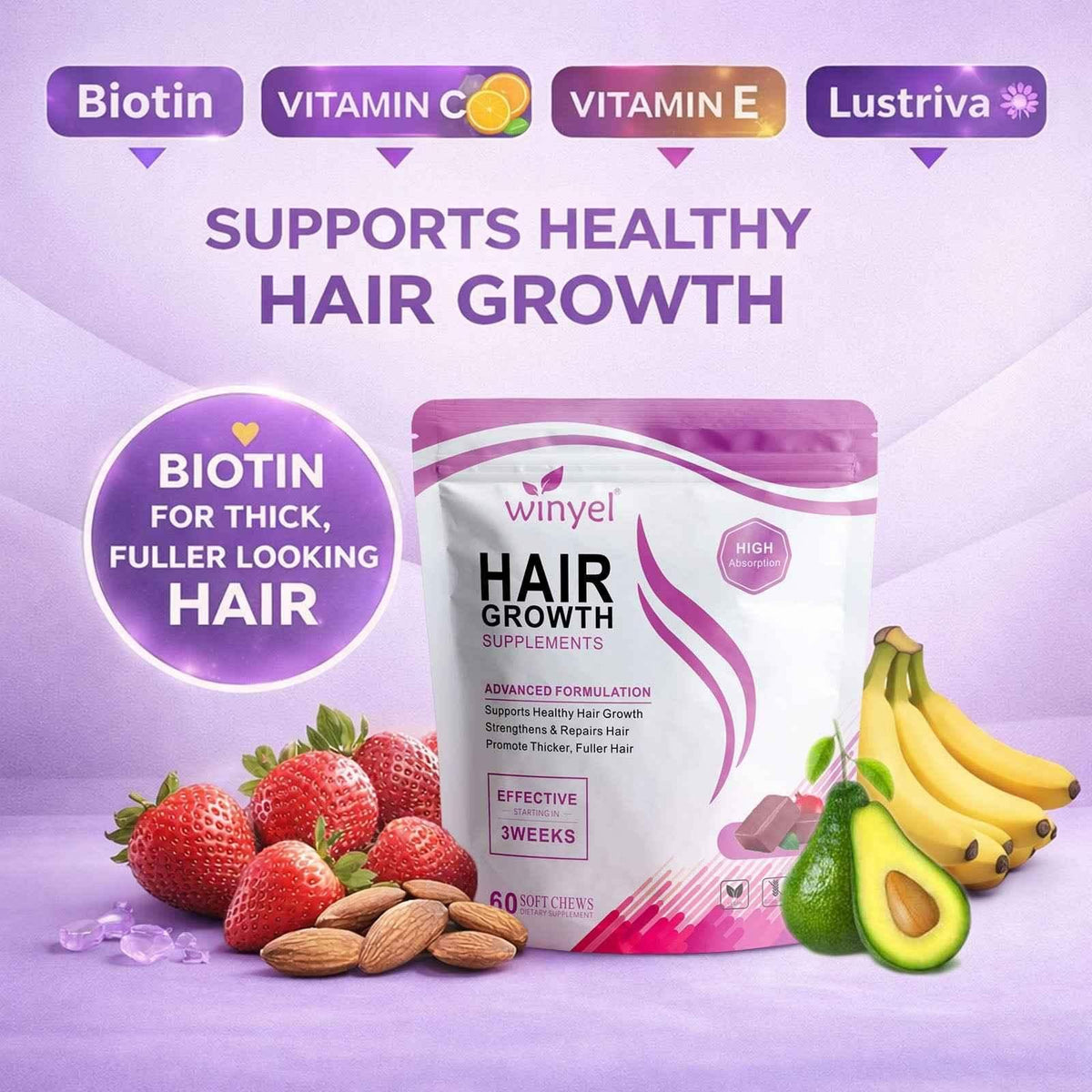 WINYEL hair growth supplements with biotin, vitamin C, and vitamin E for thick, fuller hair.