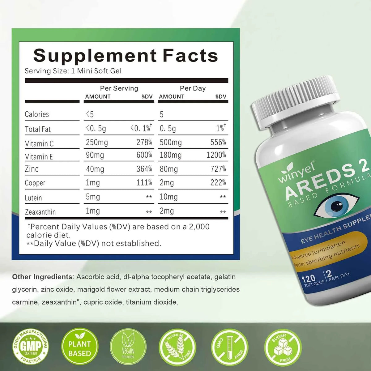 Supplement facts label and WINYEL AREDS 2 eye health supplement bottle with 120 vegan softgels.