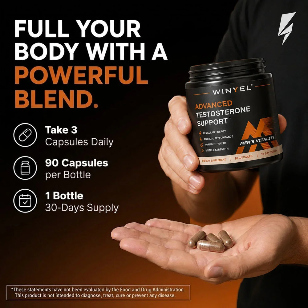 WINYEL Advanced Testosterone Support bottle and capsules for men's vitality and muscle strength.