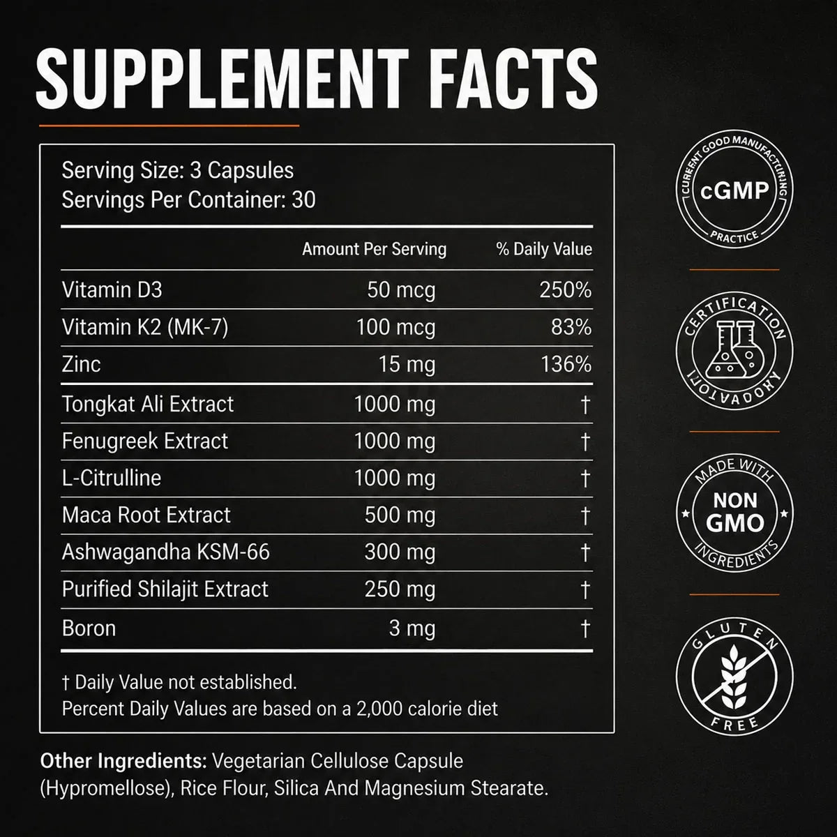 Supplement Facts label for WINYEL Men's Vitality Support showing ingredients and dosages.