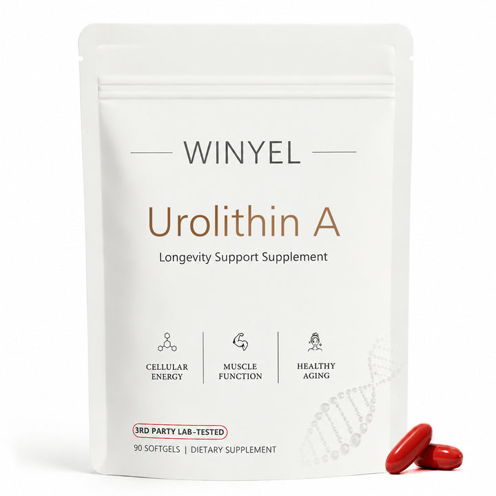 WINYEL Urolithin A Longevity Support Supplement pouch with red softgels