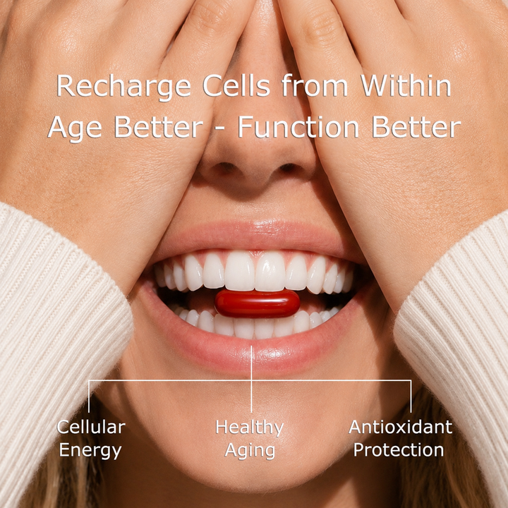 WINYEL Urolithin A softgel held between teeth for cellular energy and healthy aging.