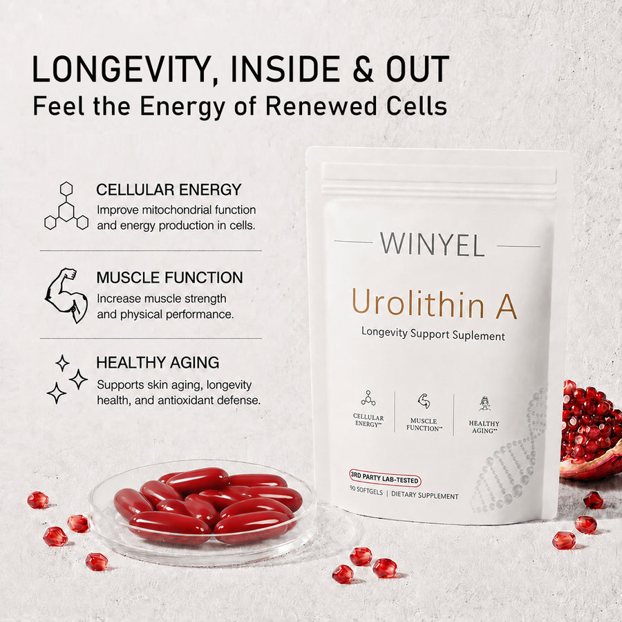 WINYEL Urolithin A longevity support supplement softgels with pomegranate seeds.