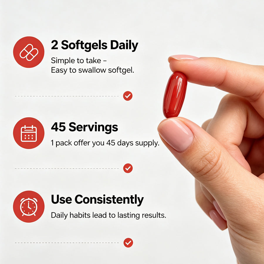 A hand holding a red WINYEL Urolithin A softgel with dosage and serving instructions.