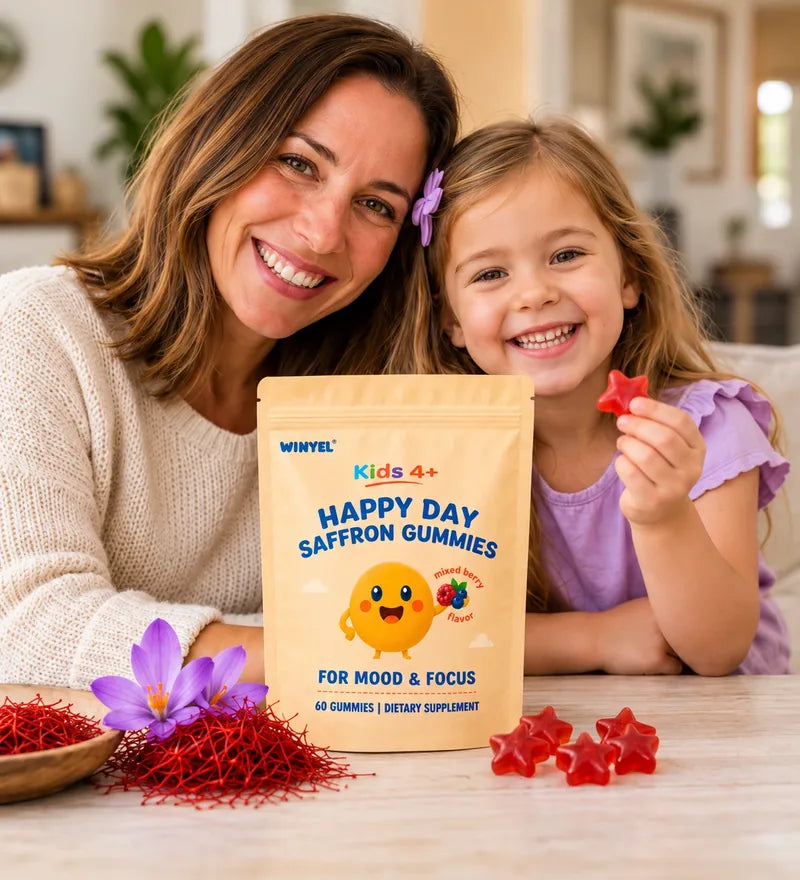 Mother and daughter beside a pouch of WINYEL Happy Day Saffron Gummies.