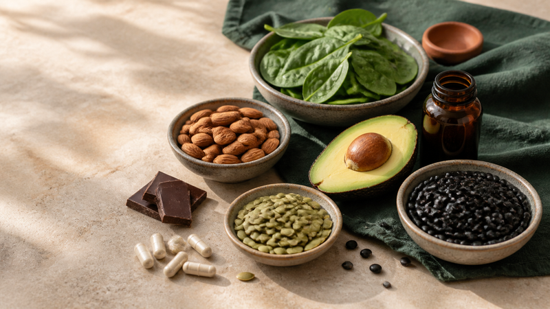 Magnesium-rich foods including spinach, almonds, pumpkin seeds and whole grains