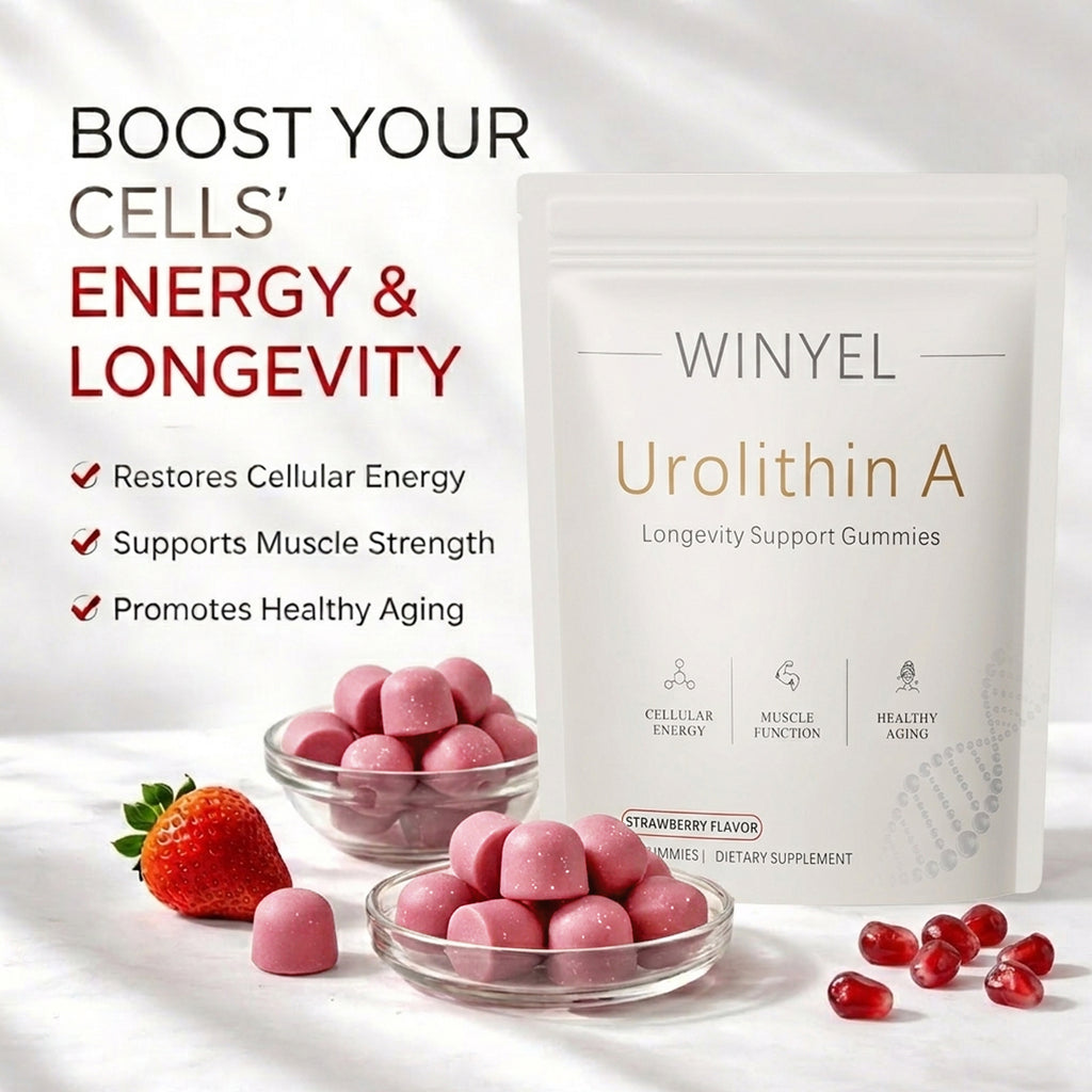 Winyel Urolithin A gummies packaging with text about health benefits on a white background