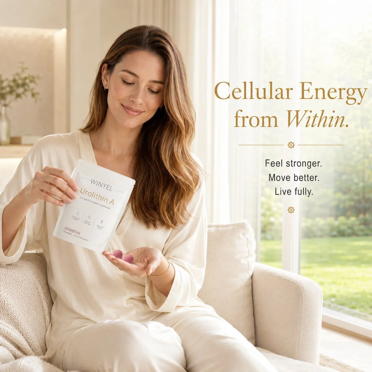 Woman holding a supplement package with text about cellular energy and wellness.