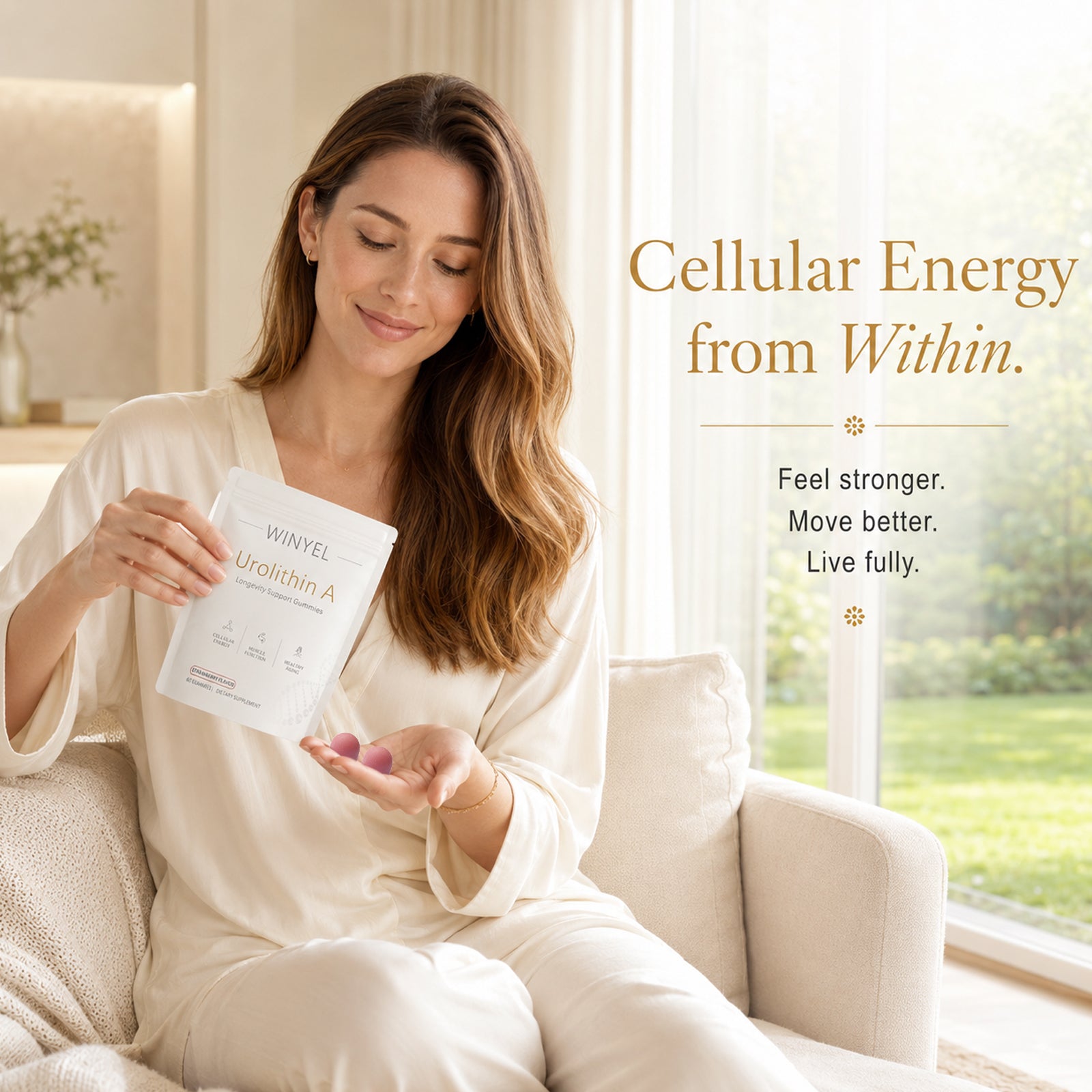 Woman holding a supplement package with text about cellular energy and wellness.