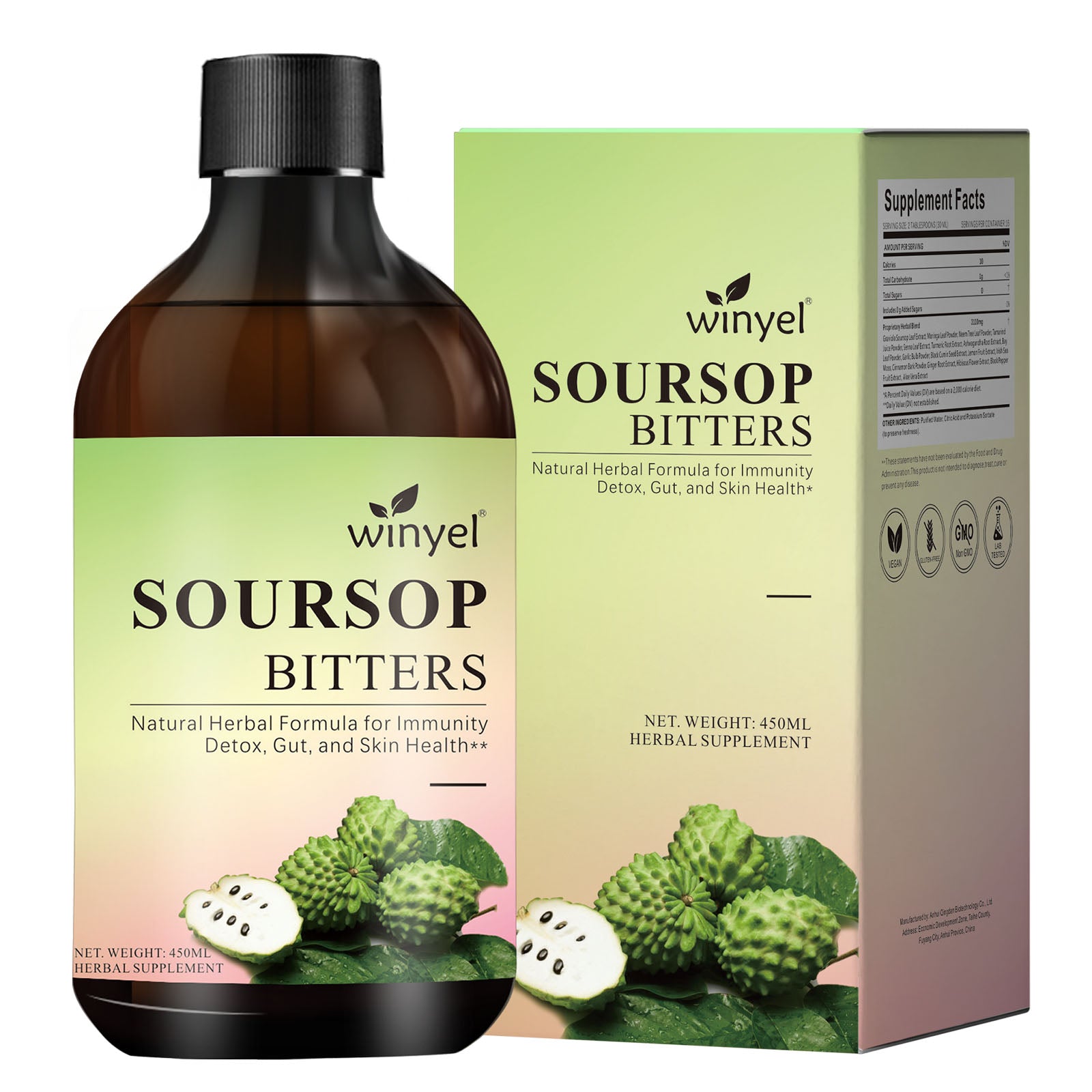 WINYEL organic soursop bitters detox liquid bottle with black seed, moringa and ginger