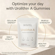 Winyel Urolithin A gummies packaging with benefits listed on a beige background