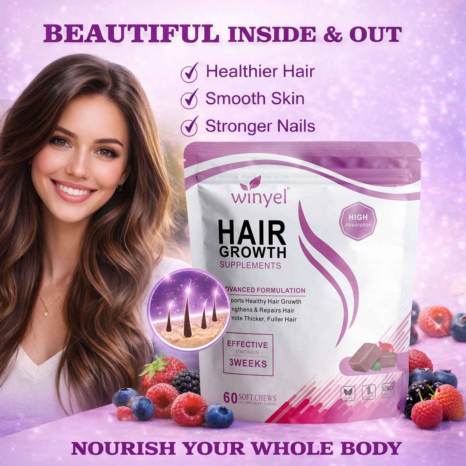 Hair Vitamins with 10,000mcg Biotin – Mixed Berry, 60 Chews