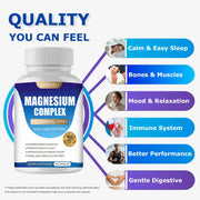 Bottle of magnesium complex supplement with health benefits listed on a white background