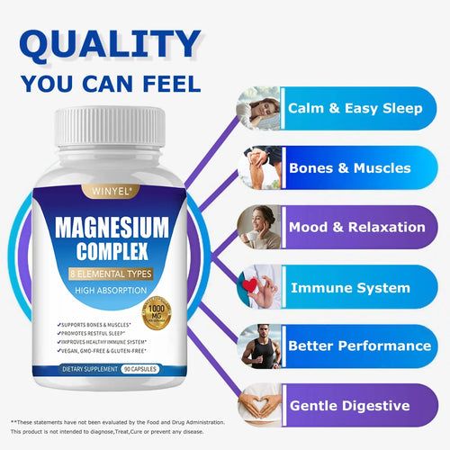 Bottle of magnesium complex supplement with health benefits listed on a white background