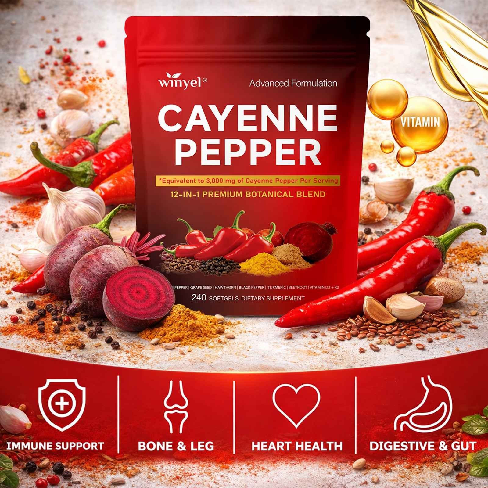 Cayenne Pepper 12-in-1 Softgels – Heart & Vein Support