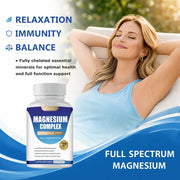 Woman relaxing outdoors with a bottle of magnesium complex supplement.