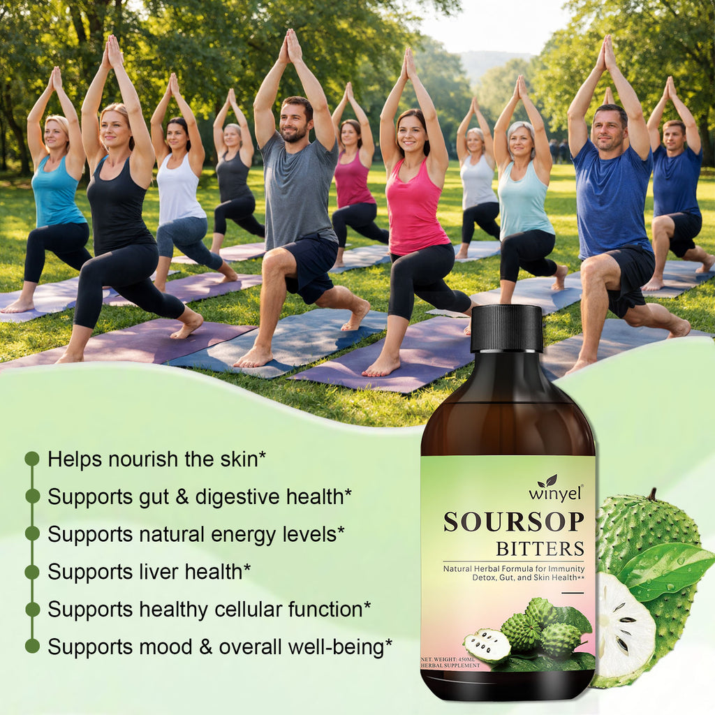 Group of people doing yoga outdoors with a bottle of Soursop Bitters in the foreground.