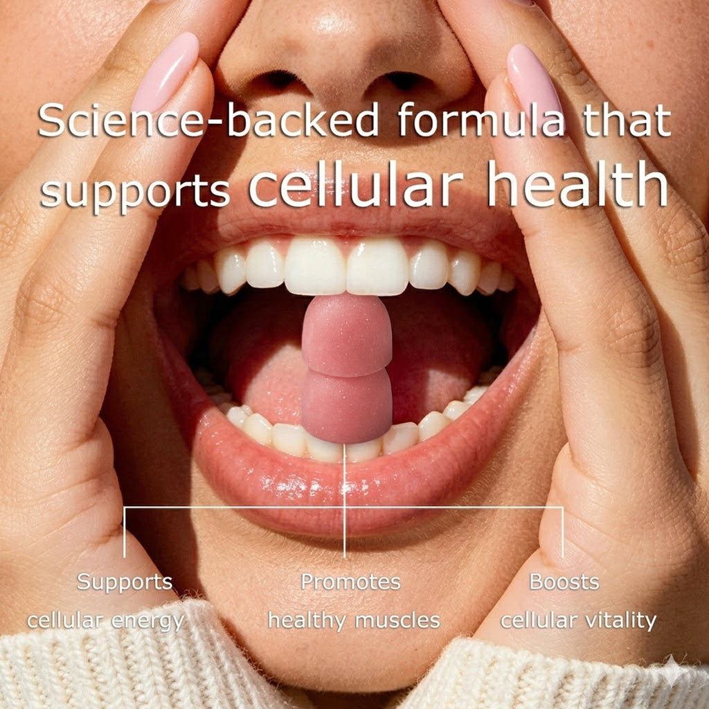 Close-up of a mouth with a pink supplement, text about science-backed formula for cellular health.