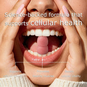 Close-up of a mouth with a pink supplement, text about science-backed formula for cellular health.