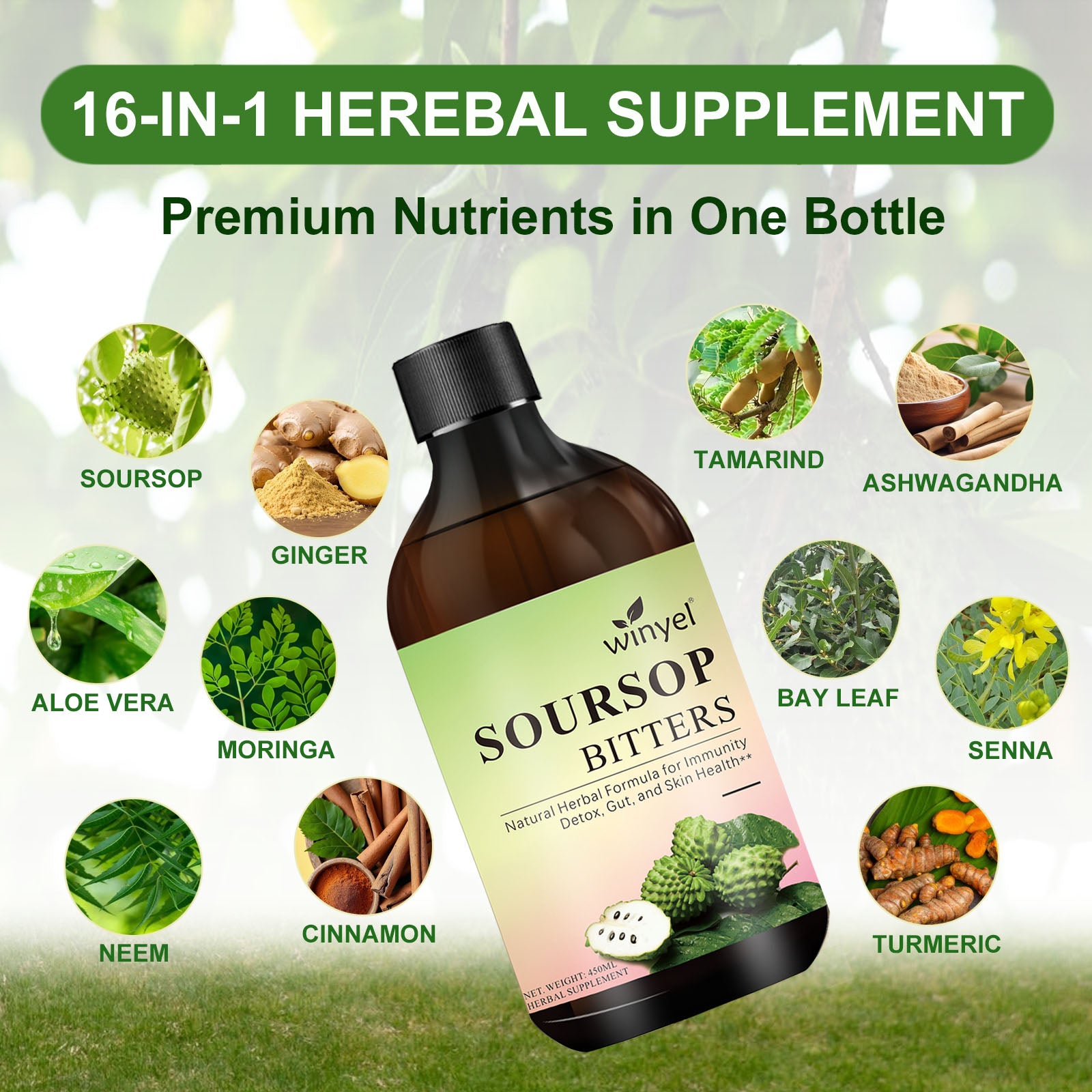 Soursop Bitters supplement bottle with herbal ingredients on a green background