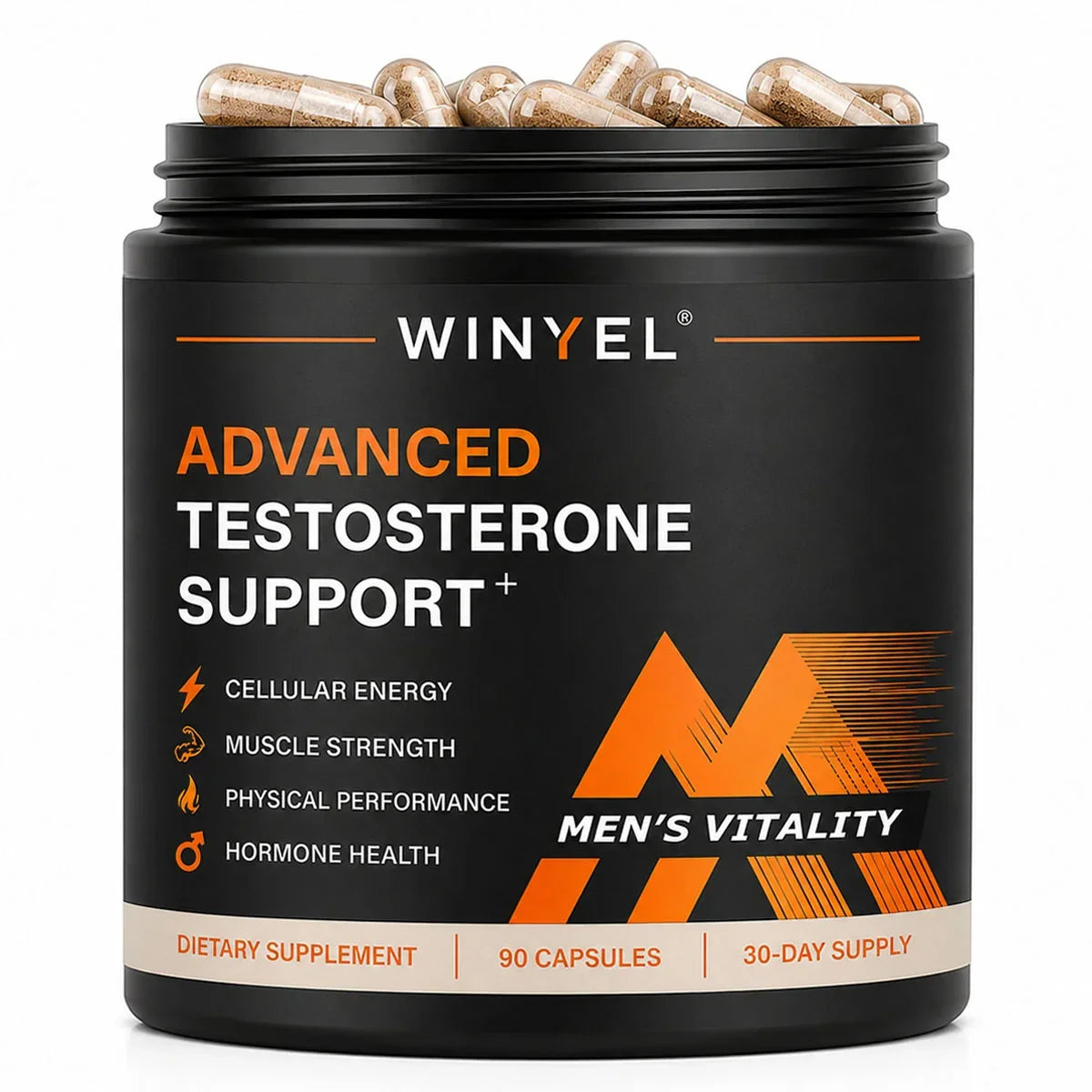 WINYEL Advanced Testosterone Support dietary supplement bottle with capsules on top.