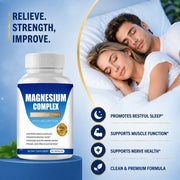 Supplement bottle labeled 'Magnesium Complex' with a couple sleeping in the background.