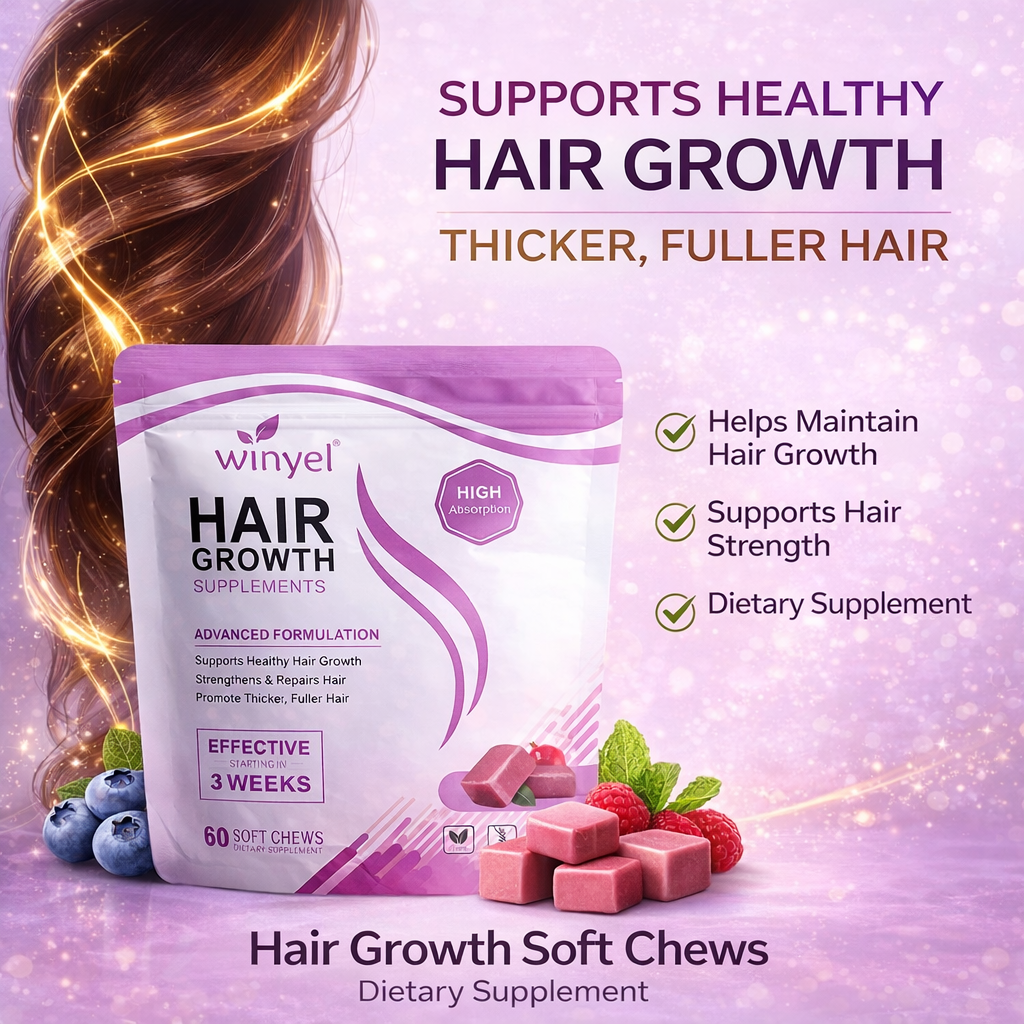 Hair growth supplement package with text highlighting benefits on a purple background
