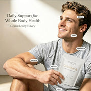 Man holding a supplement package with labeled health benefits on a neutral background