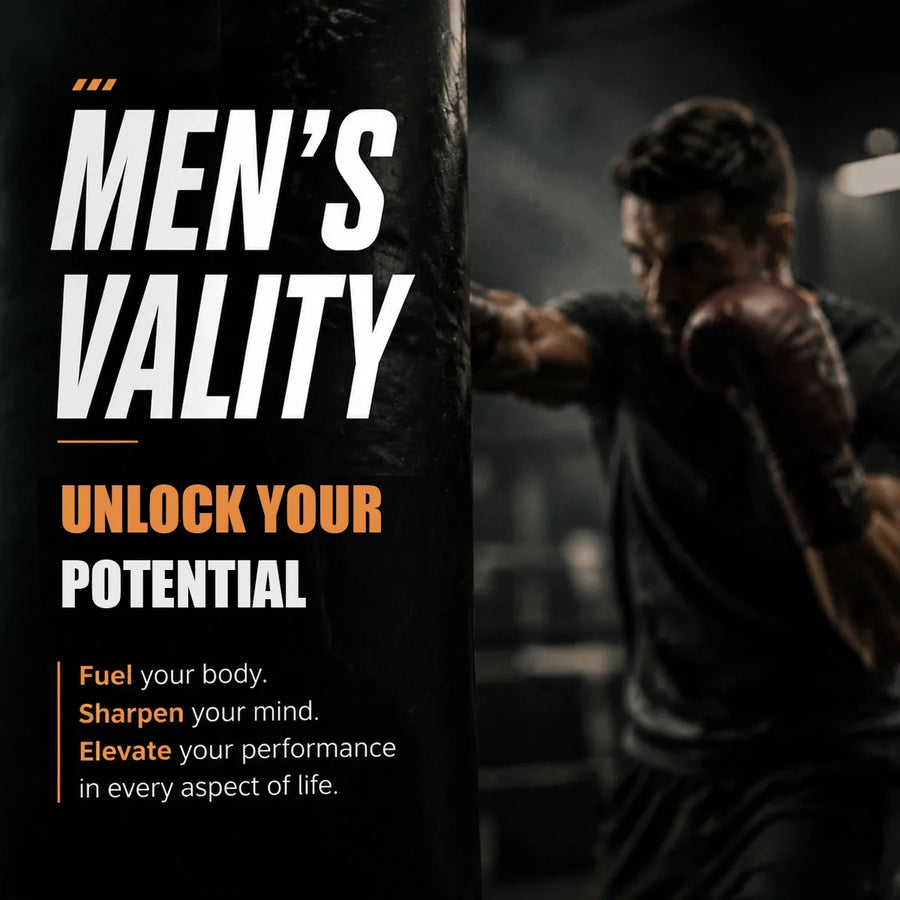 A man boxing a heavy bag with text promoting men's vitality and performance.