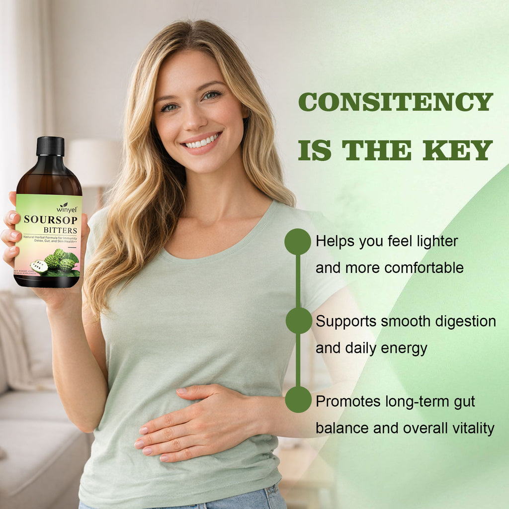 Woman holding a bottle of Soursop Bitters with text about its benefits on a light background