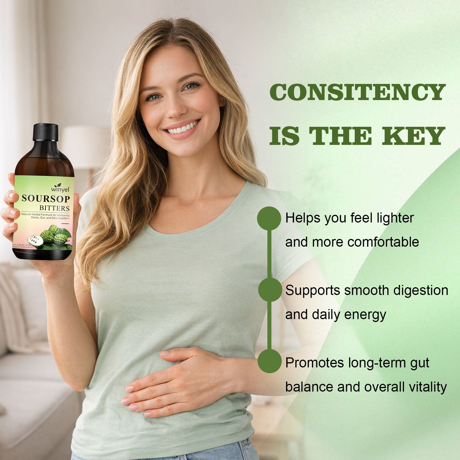 Woman holding a bottle of Soursop Bitters with text about its benefits on a light background