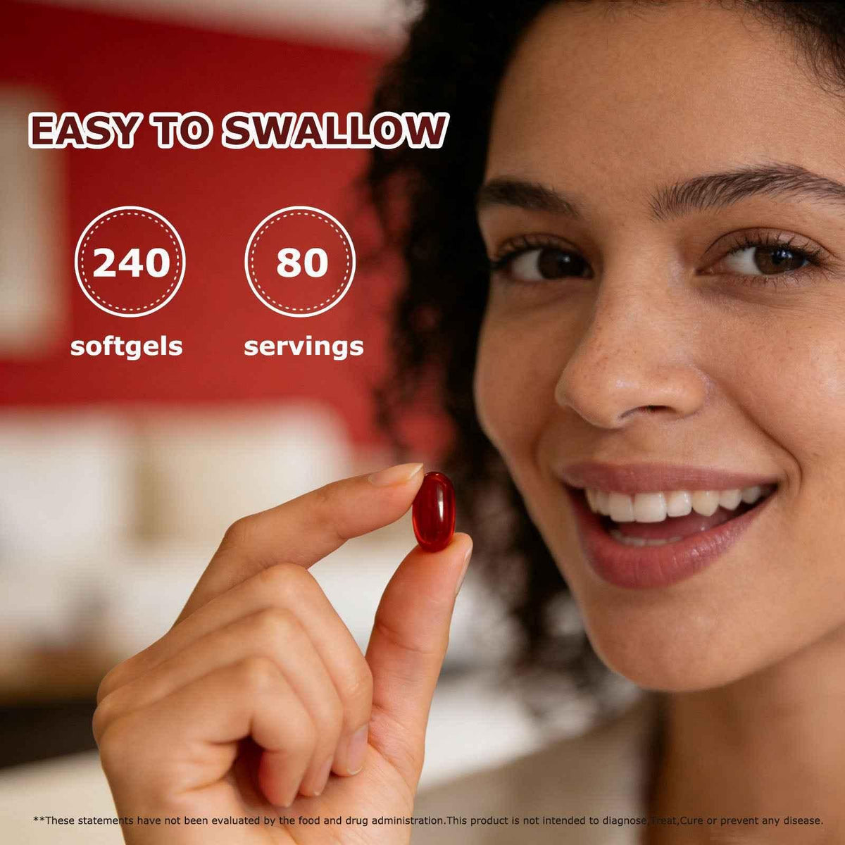Smiling woman holding one red WINYEL Cayenne Pepper softgel, showing 240 softgels and 80 servings.