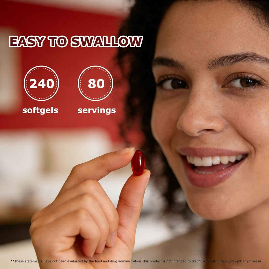 Smiling woman holding one red WINYEL Cayenne Pepper softgel, showing 240 softgels and 80 servings.