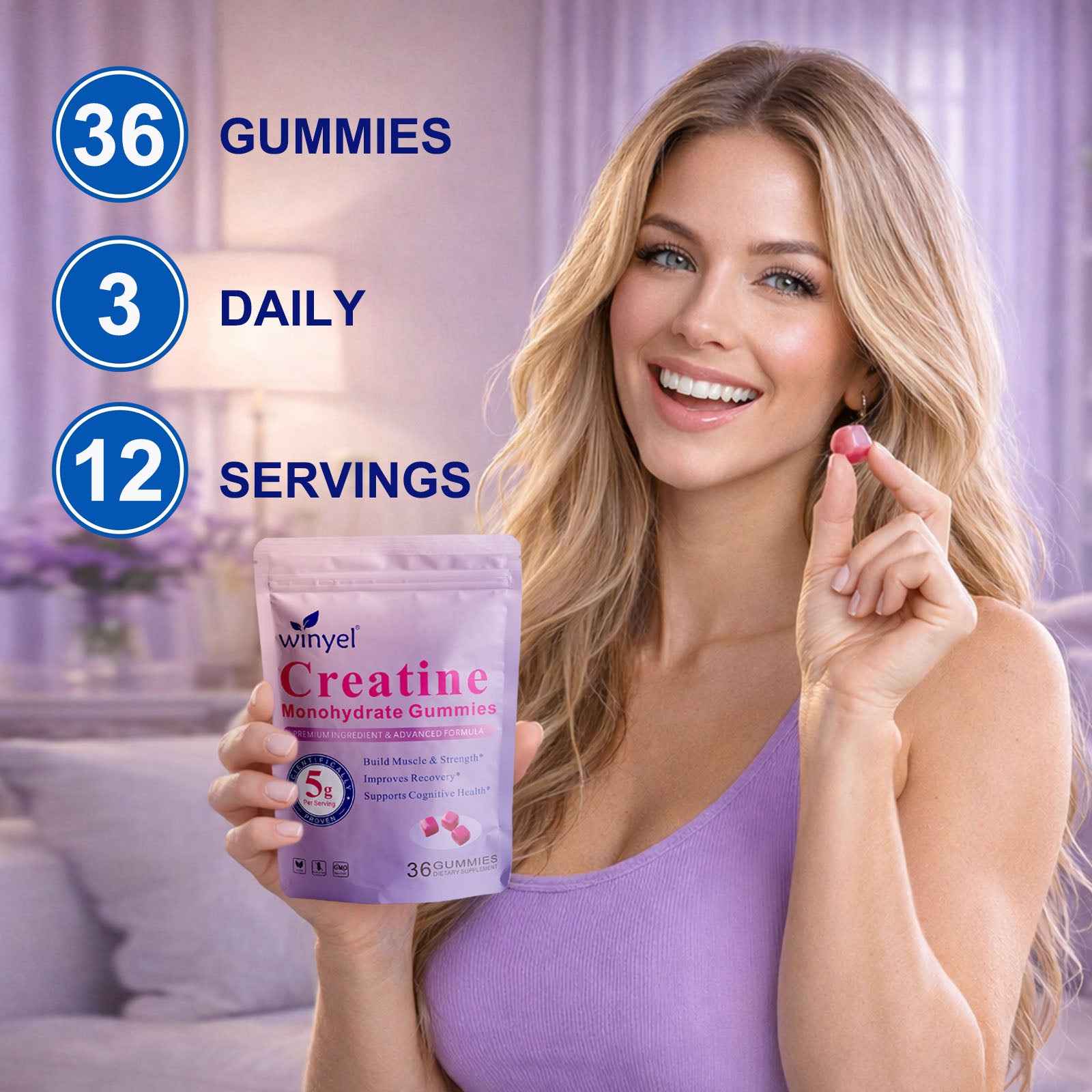 Creatine Monohydrate Gummies – Sugar Free, Berry, 36 Ct