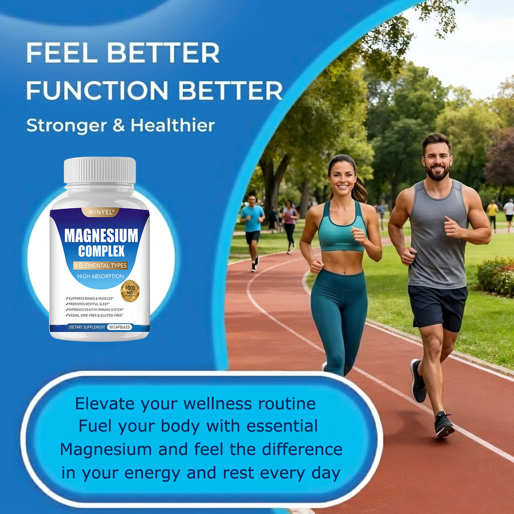Advertisement for magnesium complex supplement with people running on a track
