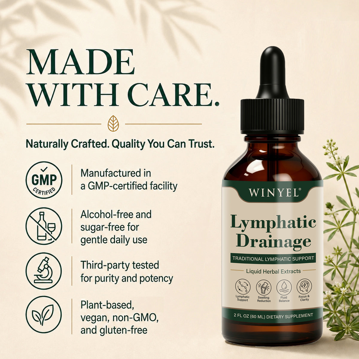 WINYEL Lymphatic Drainage liquid herbal extracts bottle with GMP certified and plant-based icons.