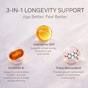 Three health supplements with Coenzyme Q10, Urolithin A, and Trans-Resveratrol on a light gray background.