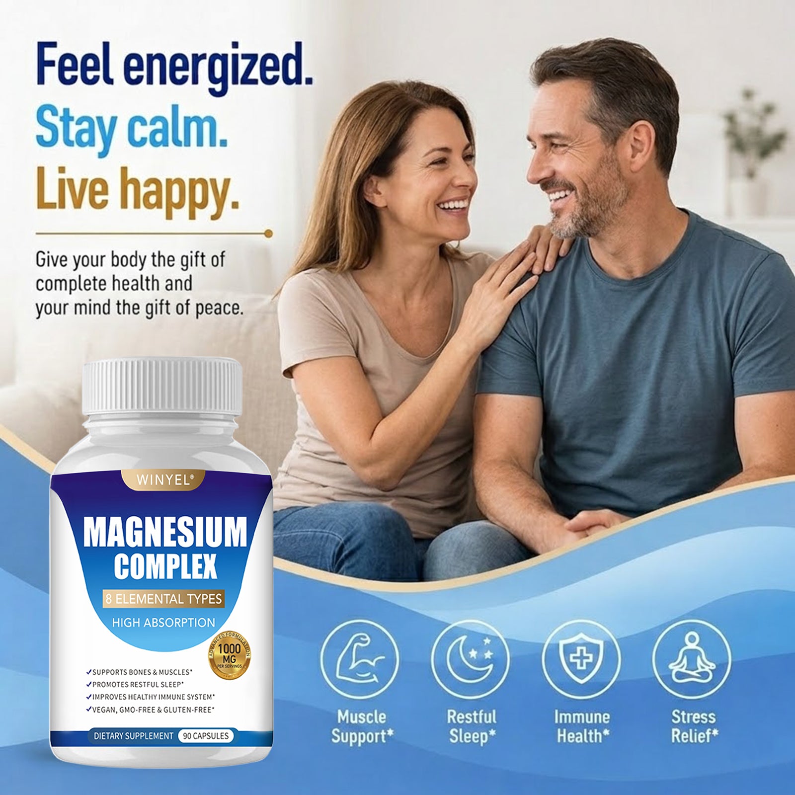 Advertisement for magnesium complex supplement with a couple sitting together, text 'Feel energized. Stay calm. Live happy.'