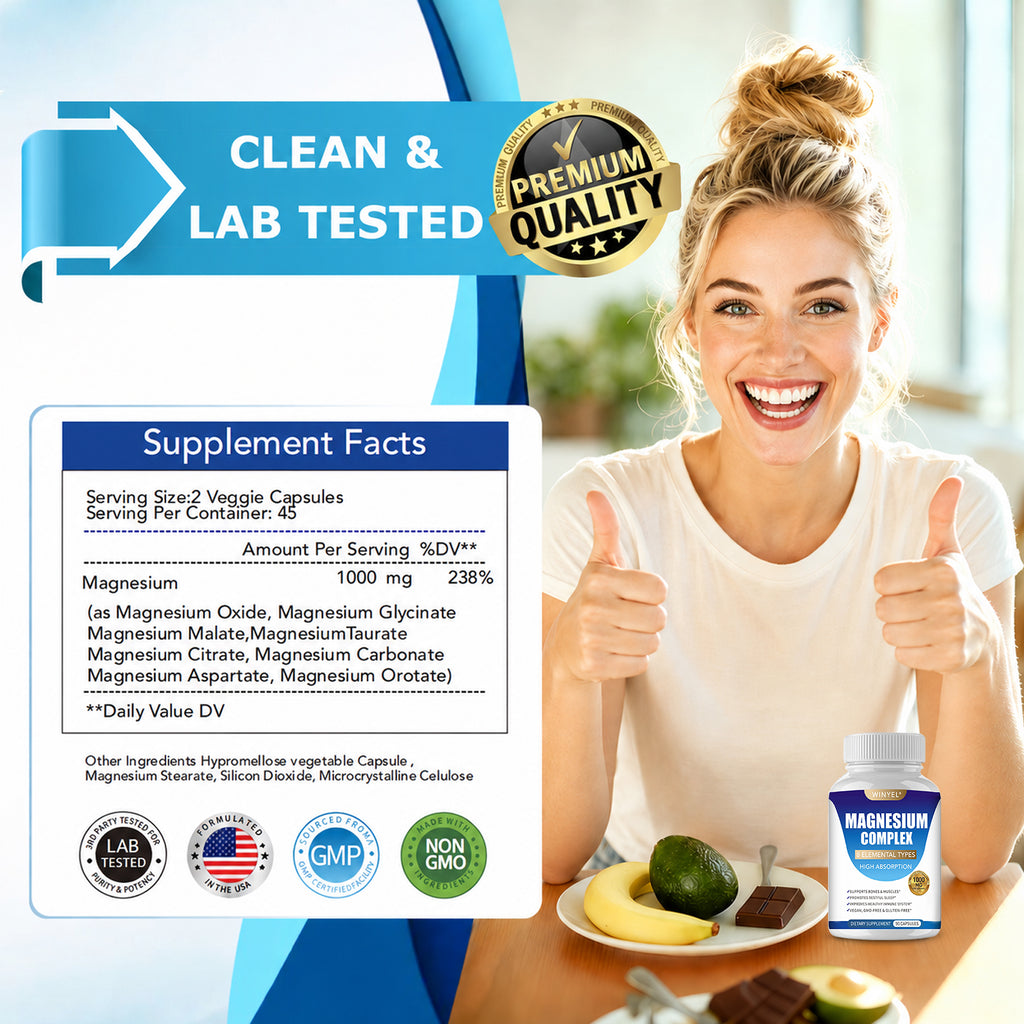 Supplement bottle with label, woman giving thumbs up, and supplement facts panel.